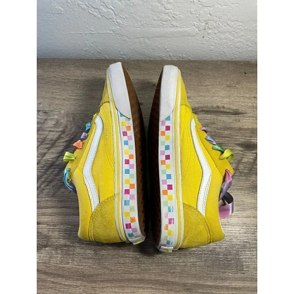 VANS OLD KIDS SKOOL SKATE SIZE 4.5 BRIGHT YELLOW RIBBON RAINBOW LACES SNEAKERS